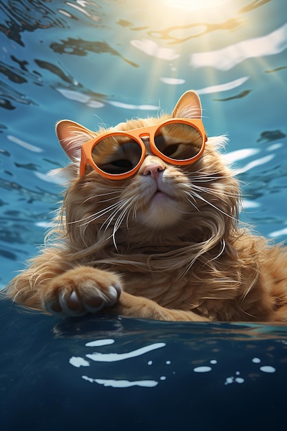 un chat profitant de l'été avec des lunettes de soleil dans une piscine
