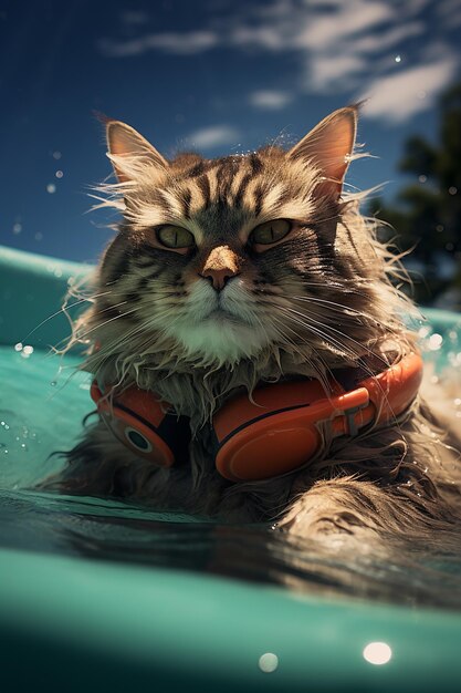 un chat profitant de l'été avec des lunettes de soleil dans une piscine