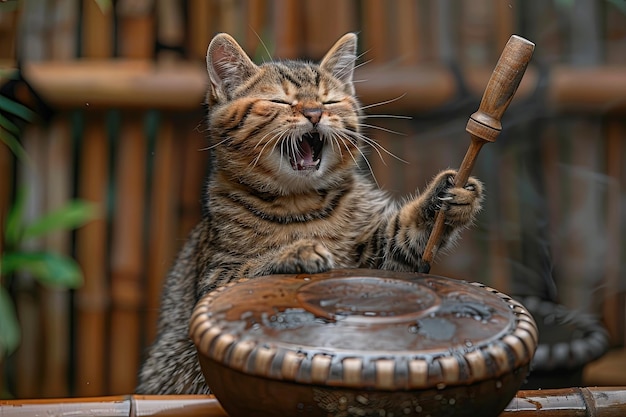 Photo un chat qui casse un gong avec une énorme masse.