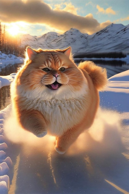 Chat qui court dans la neige ai générative