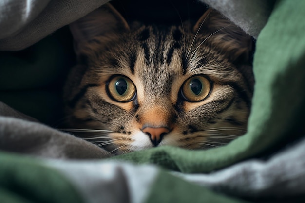 Un chat qui défonce sa tête sous une couette.