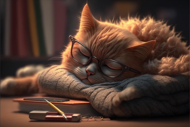 Chat qui dort après avoir étudié avec des lunettes Generative Ai