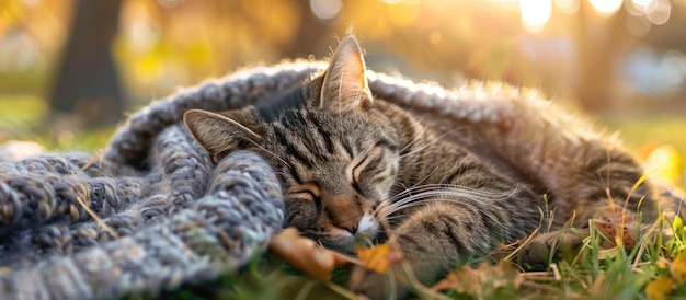 Un chat qui dort sur une couverture dans l'herbe