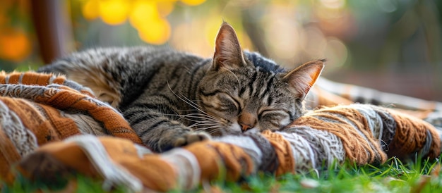 Un chat qui dort sur une couverture dans l'herbe