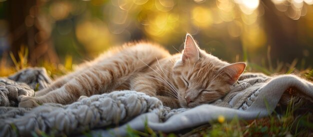 Un chat qui dort sur une couverture dans l'herbe