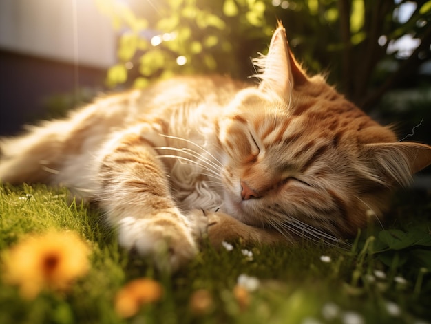 un chat qui dort sur l'herbe