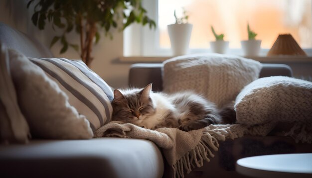 le chat qui est allongé sur un canapé avec une couverture IA générative