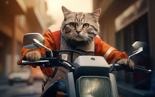 Photo un chat qui est sur un scooter avec une veste qui dit chat