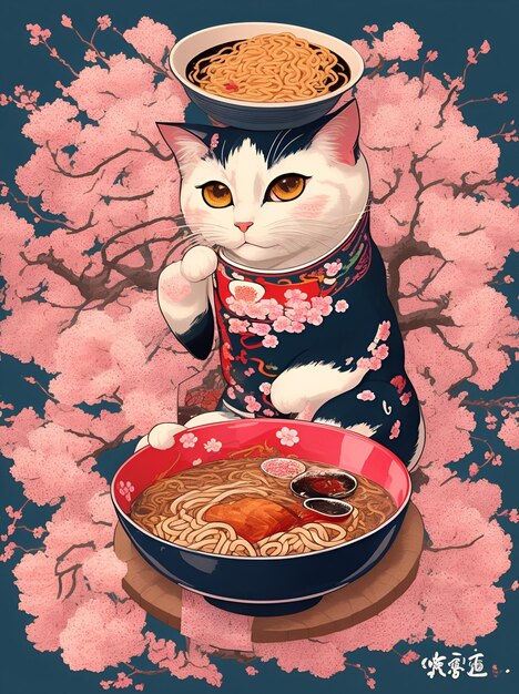 Un chat qui mange du ramen