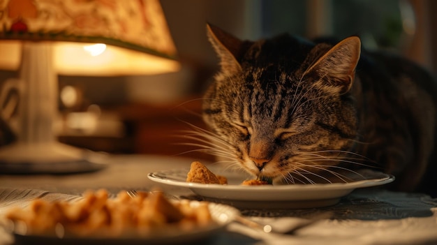 Photo un chat qui mange joyeusement à l'heure du repas, mettant en valeur la joie et la relaxation du dîner pour nos compagnons félins.