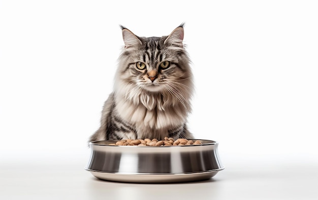 Un chat qui mange de la nourriture dans un bol.