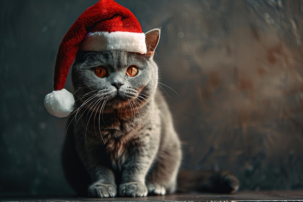 Un chat qui porte un chapeau de Père Noël porte un chopeau de Père noël.