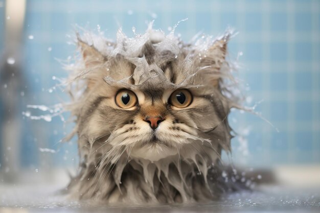 Un chat qui prend un bain avec du shampooing IA générative