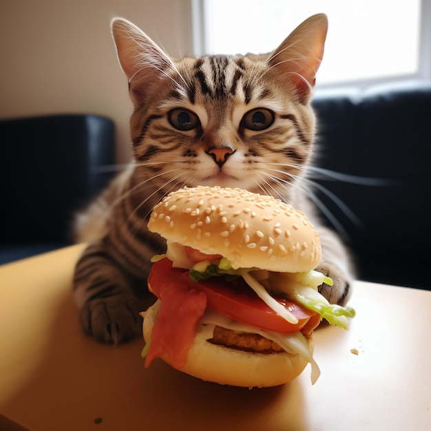 Photo un chat qui regarde un hamburger.