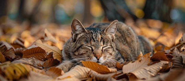 Un chat qui se détend dans les feuilles