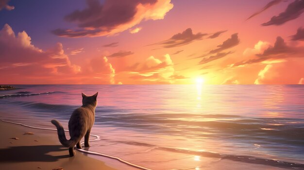 Photo un chat qui se promène doucement le long d'une plage calme au coucher du soleil