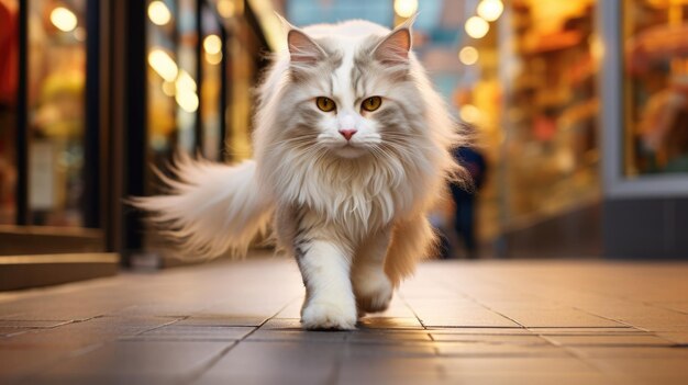 un chat qui se promène le long d'une rue animée