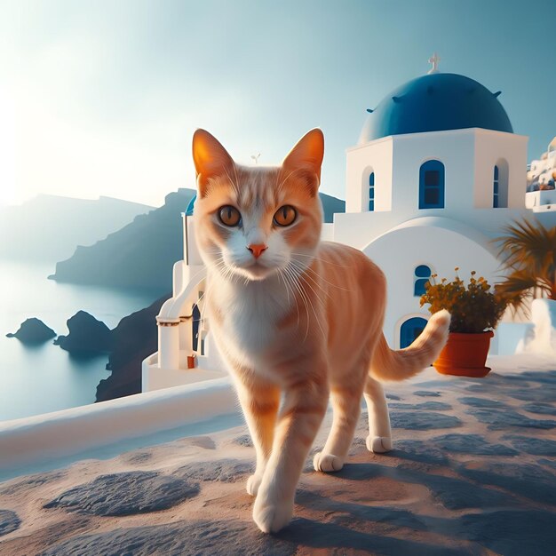 Photo un chat qui se promène à santorin.