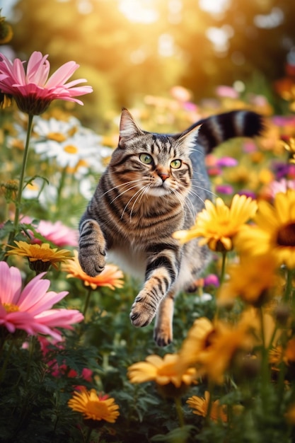 Un chat qui traverse un champ de fleurs