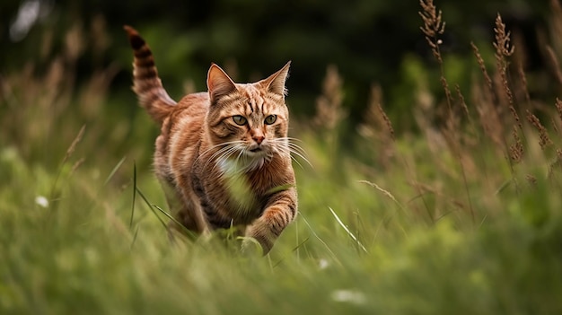 Un chat qui traverse un champ