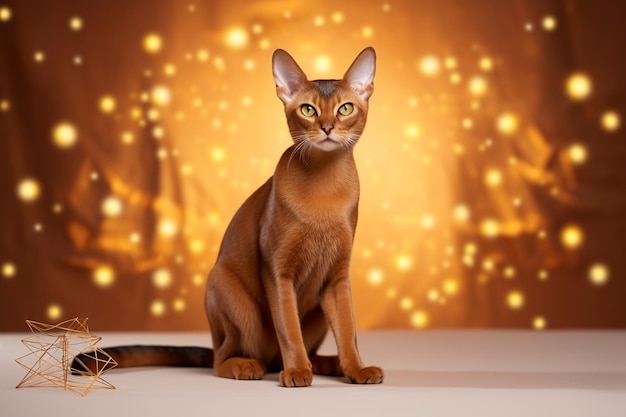 Un chat de race abyssinienne assis sur un fond orange avec un bokeh