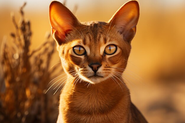 Un chat de race abyssinienne sur un fond naturel orange