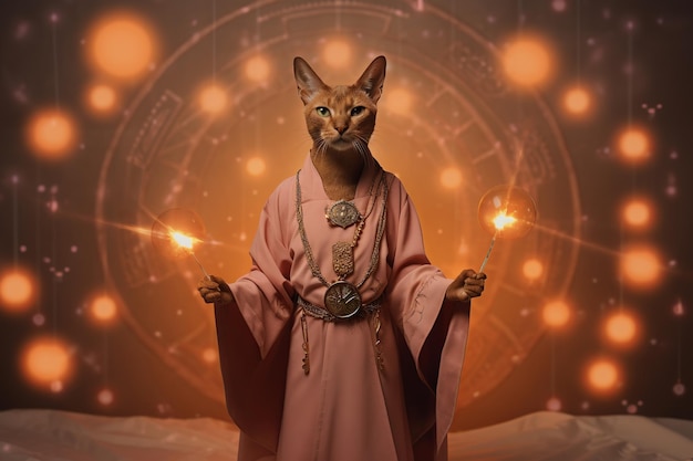 Un chat de race abyssinienne avec une robe assis sur un fond orange avec des symboles magiques bokeh