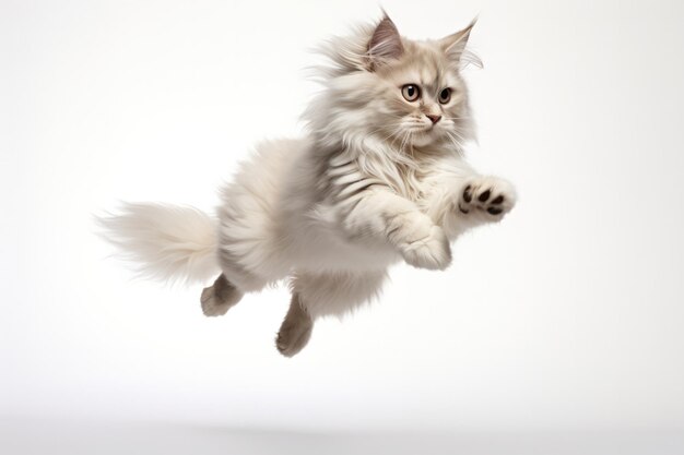 Un chat ragamuffin qui saute sur un fond blanc