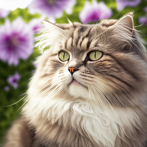 Chat ragamuffin réaliste sur fond extérieur naturel ravissant