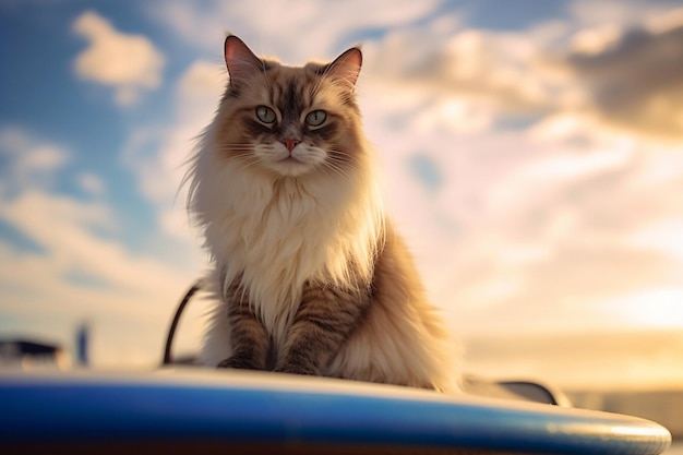 Chat Ragdoll assis sur une planche de surf sur la plage au coucher du soleil