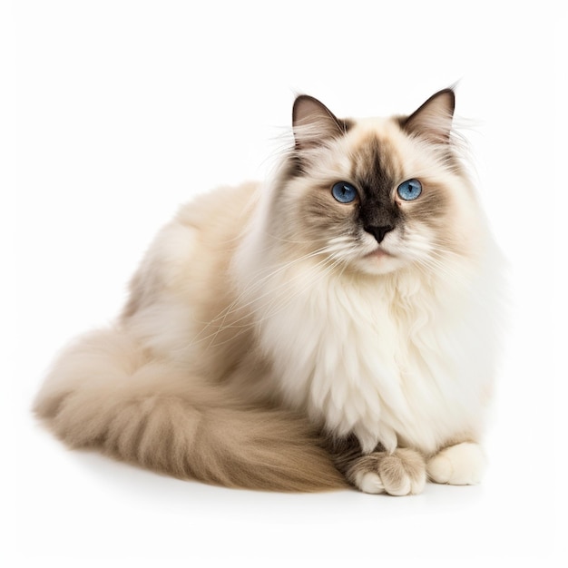 Un chat ragdoll aux yeux bleus est assis sur un fond blanc.