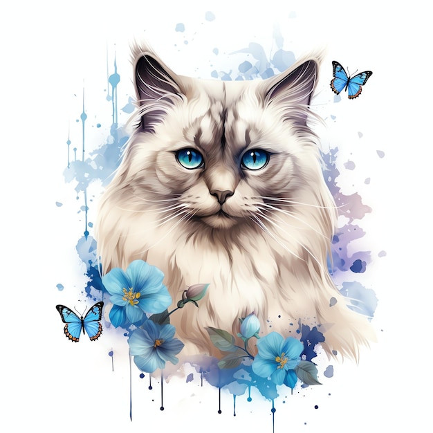 Chat Ragdoll avec illustration de style aquarelle papillon pour chambre d'enfant