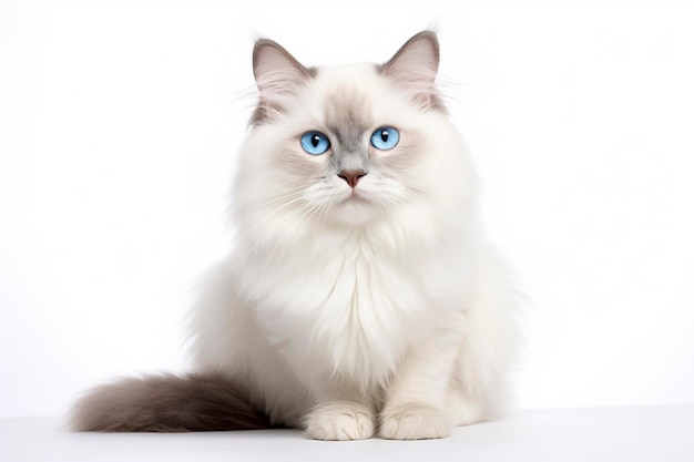 Un chat Ragdoll isolé sur un fond blanc et plat