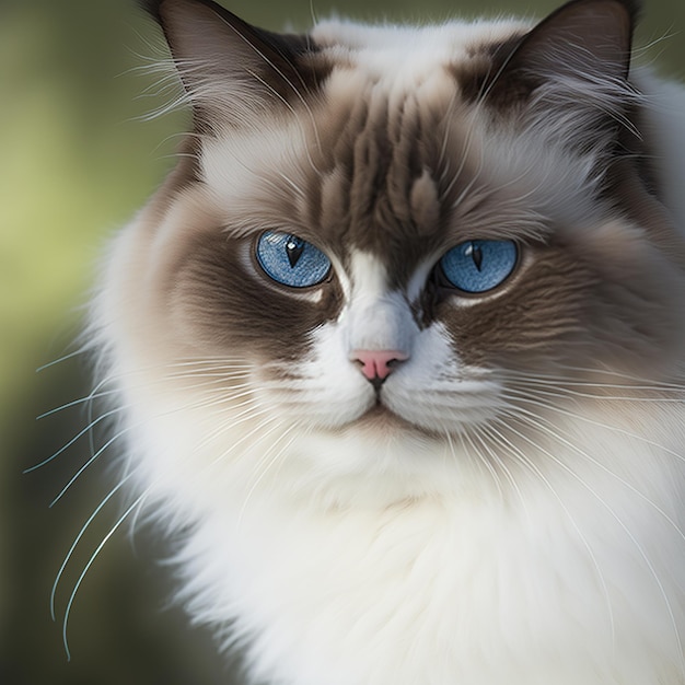 Chat ragdoll réaliste aux yeux bleus sur fond extérieur naturel ravissant