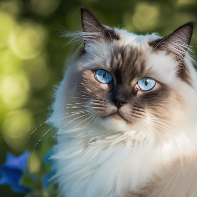 Chat ragdoll réaliste aux yeux bleus sur fond extérieur naturel ravissant