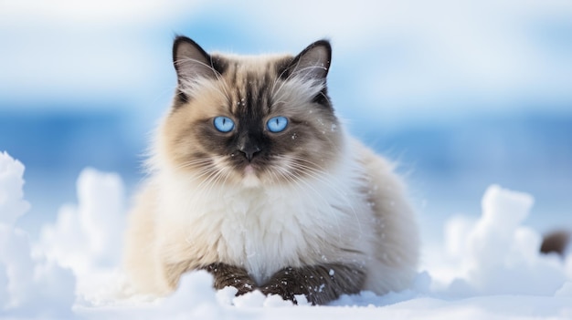 Chat en raquettes sur fond de neige avec un espace vide pour le texte