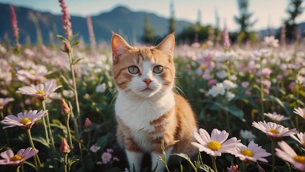 Un chat rayé avec du blanc sur la poitrine et des tons orange sur le dos et la tête est assis parmi les fleurs