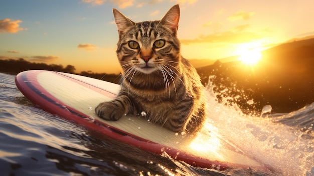 Un chat rayé sur une planche de surf sur les vagues roulantes à Hawaï avec un soleil brillant au coucher du soleil en arrière-plan AI générative