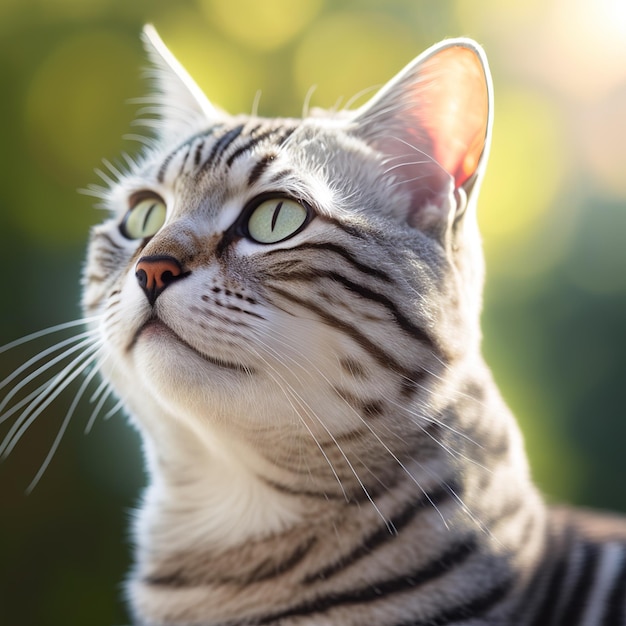 Un chat avec des rayures sur le visage et un fond vert.