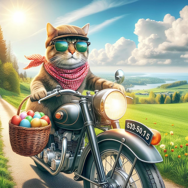 Un chat réaliste sur une moto avec des lunettes de soleil un panier à l'arrière plein d'œufs colorés