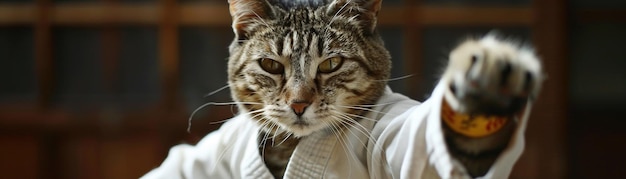 Un chat redoutable concentré et prêt dans un uniforme de karaté