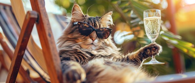 Photo un chat refroidi allongé sur une chaise de pont avec des lunettes de soleil et un verre de champagne