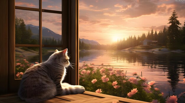 Un chat regardant sur un lac serein d'une cabane confortable au bord du lac