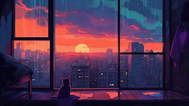 Un chat regardant par la fenêtre un coucher de soleil