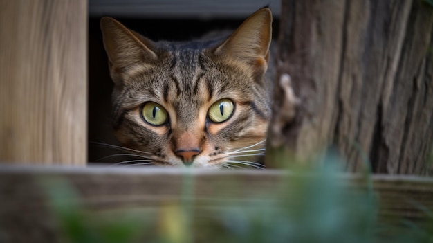 Un chat regardant par un trou dans une porte en bois