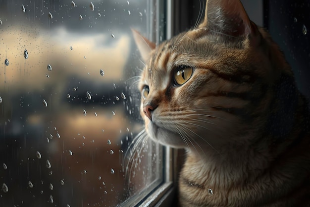 Chat regardant la tempête à l'extérieur de la fenêtre AI générative