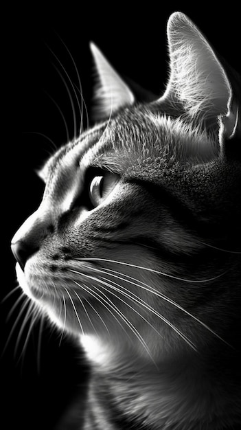 Un chat regarde au loin et l’arrière du visage est noir et blanc.