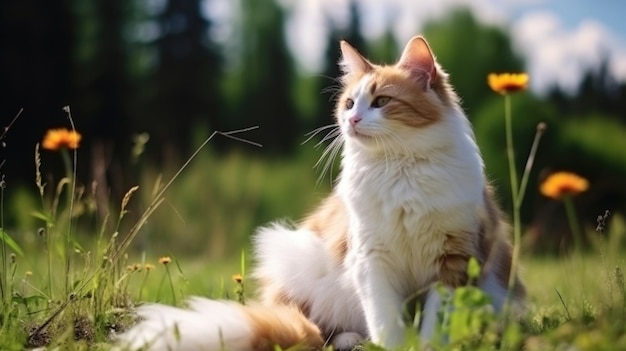 Le chat regarde sur le côté et s'assoit sur une pelouse verte