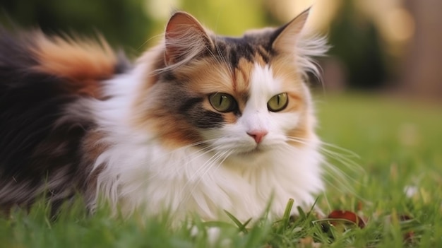 Le chat regarde sur le côté et s'assoit sur une pelouse verte