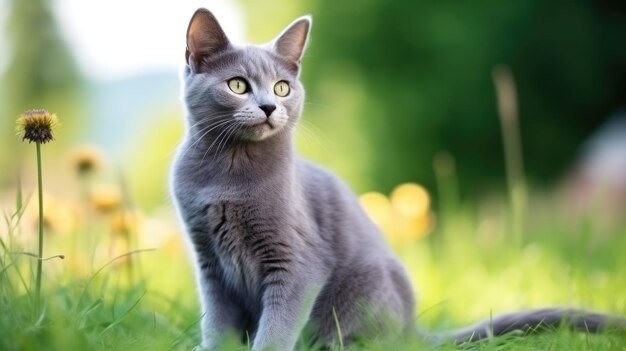 Le chat regarde sur le côté et s'assoit sur une pelouse verte